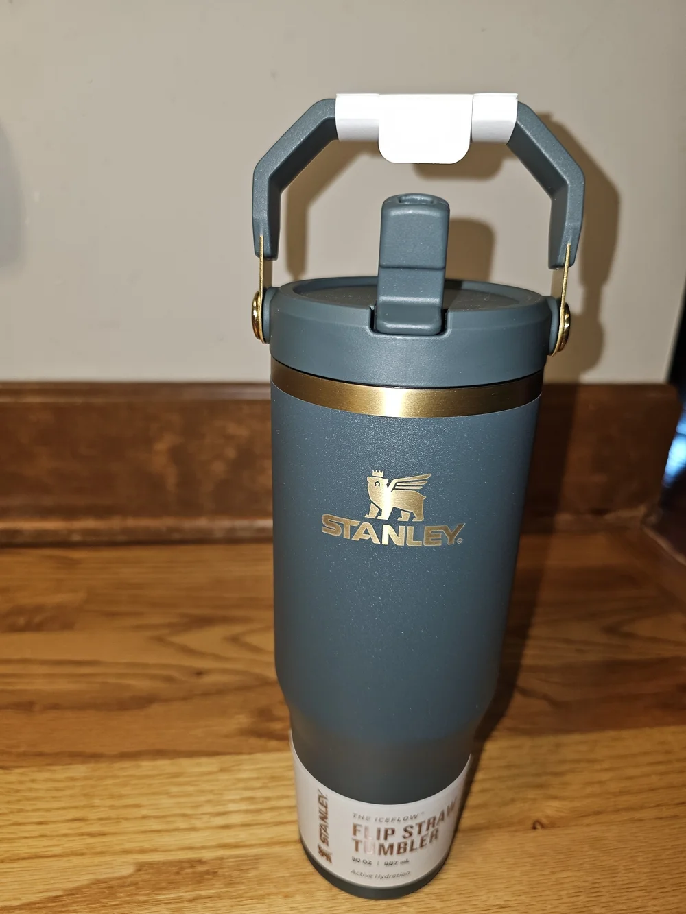 Stanley 30oz Flip Straw Teal Travel Tumbler with Gold Trim and Handle - Picture 2 of 3